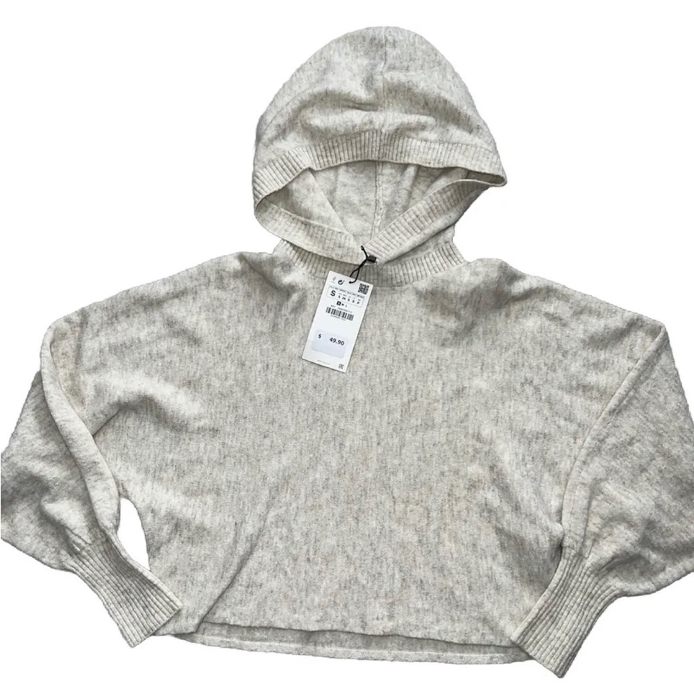 Zara Women’s Sweater Hoodie Cropped Super Soft 4 % Wool Clear Size S Relaxed Fit